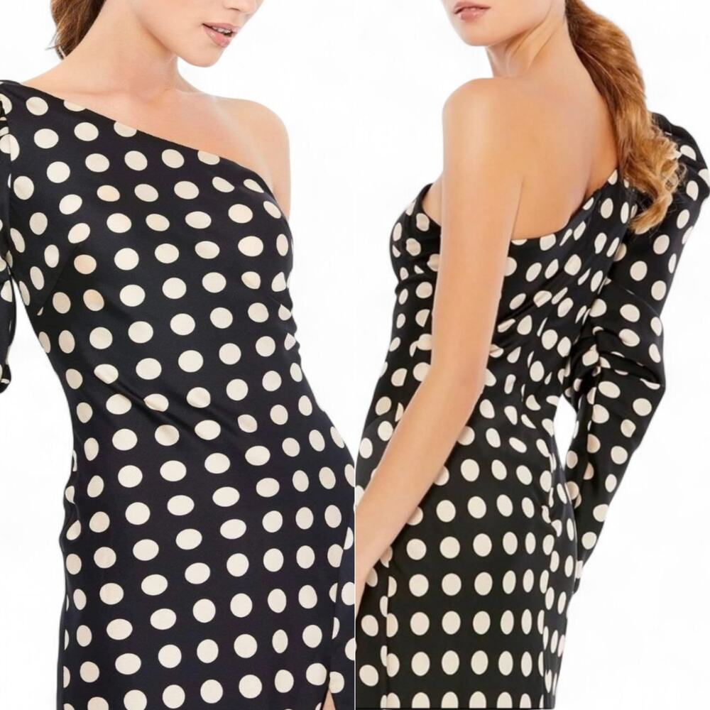 Polka Dot Black Ivory One Shoulder Puff Sleeve Thigh Slit Evening Gown 0 NWT - Picture 3 of 6